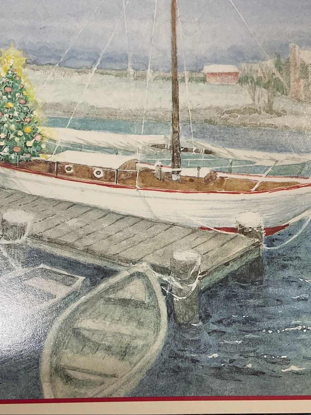 Holiday Harbor Christmas Cards - Red Border, Blue Scenic Design